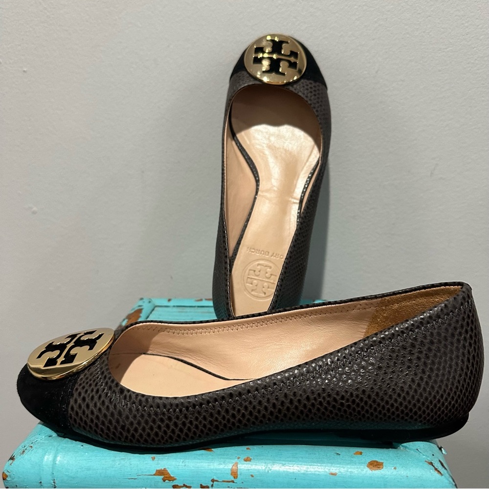 Tory Burch Serena 2 Cap Toe Ballerina Flat Charcoal Black Gold Size 7